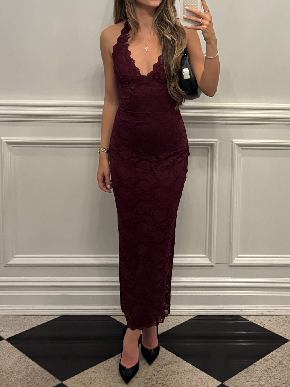 Women’s Lace Halter Evening Dress - Wine